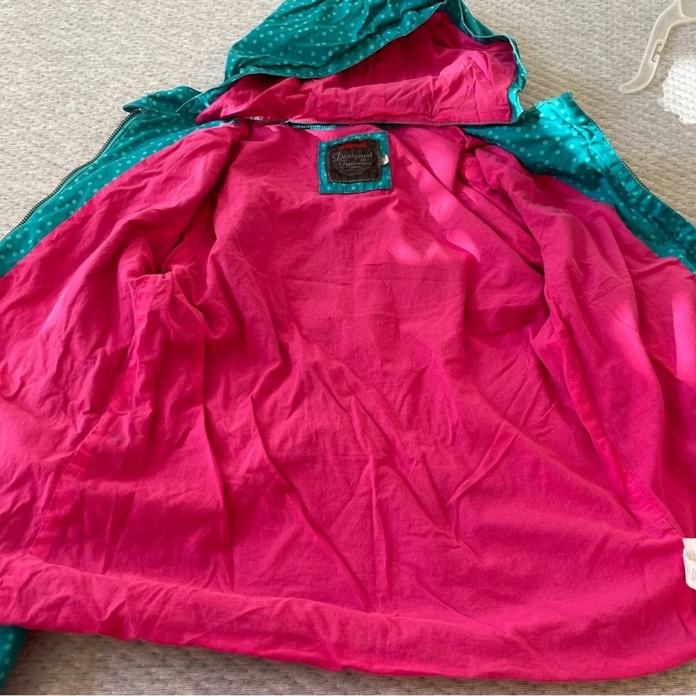 Catimini Jacket Kids size 12 Teal Polka Dot Spring Jacket Pink Hood full zipper